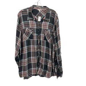 NEW Dressbarn Krazy Kat Gray & Pink Plaid Long Sleeve Shirt - Size 3X